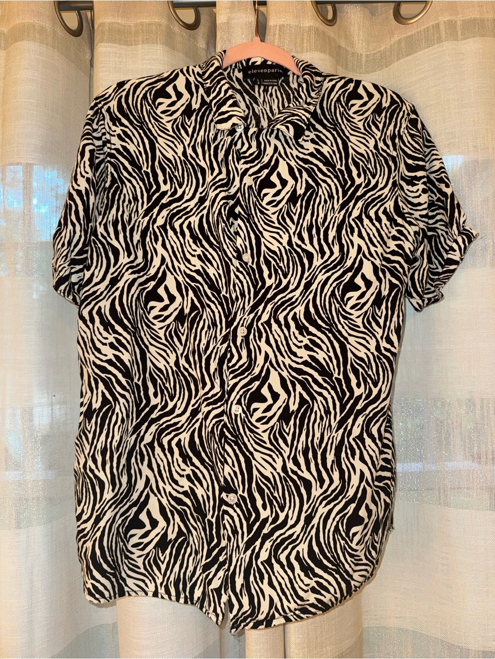 Eleven Paris Black and White Zebra-Print Short Sleeve Button-Up